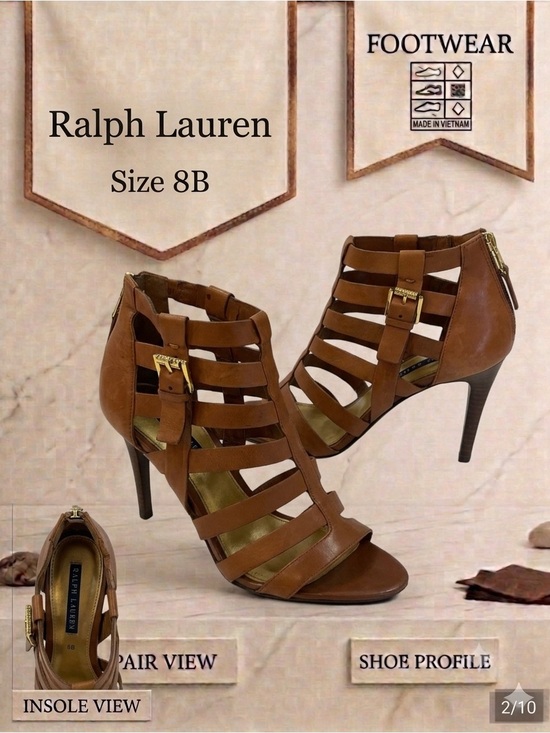 Ralph Lauren Shoes - Lauren Ralph Mya Strappy Cage Leather Heeled Sandals Tan/Brown - 8B 3.5”L Heel